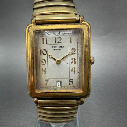 Seiko Tank Watch Men 26mm Champagne Dial Gold Tone Date READ!!! Rectangle NewBat0