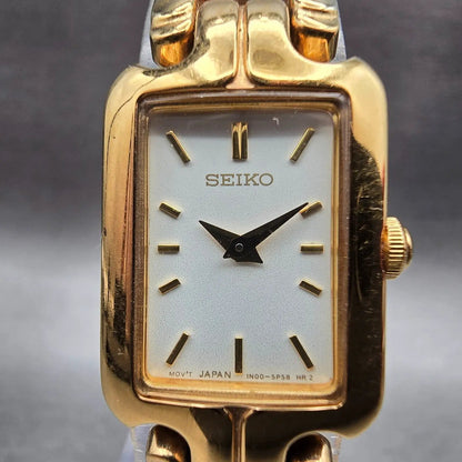 Seiko Tank Watch Women 16mm White Dial Gold Tone Rectangle 1N00-6T10 New Battery1