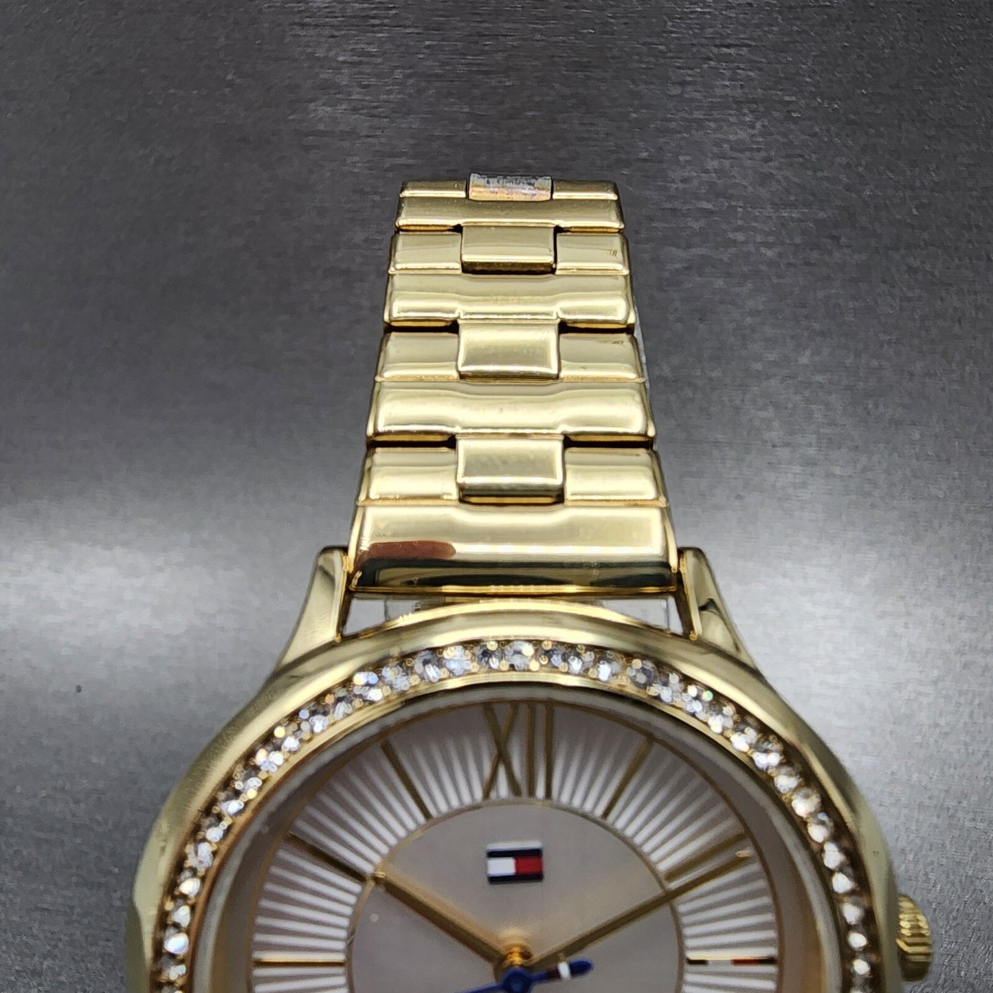 Tommy Hilfiger Watch Women 36mm White Dial Gold Tone Crystal Bezel Round Newbatt4