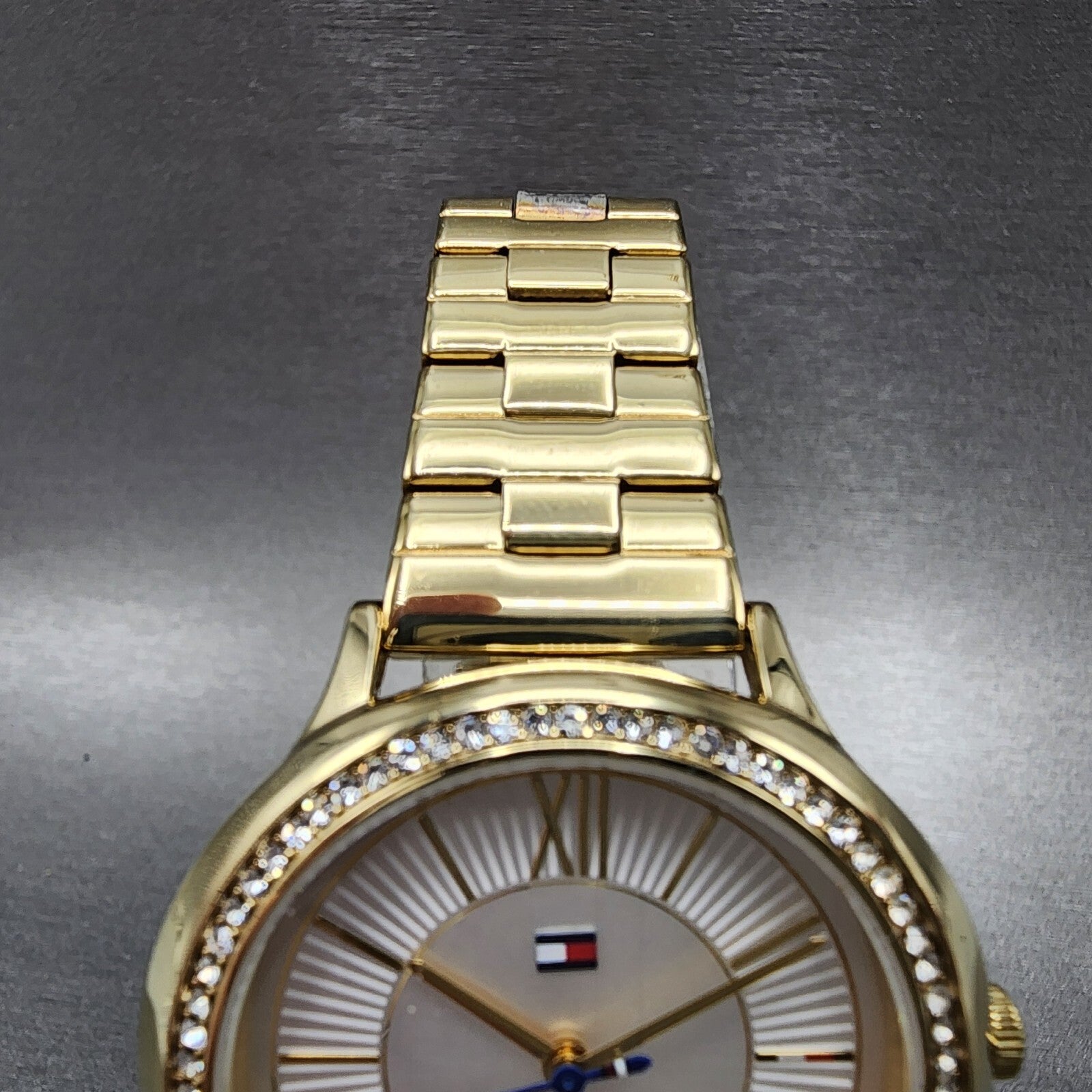 Tommy Hilfiger Watch Women 36mm White Dial Gold Tone Crystal Bezel Round Newbatt4