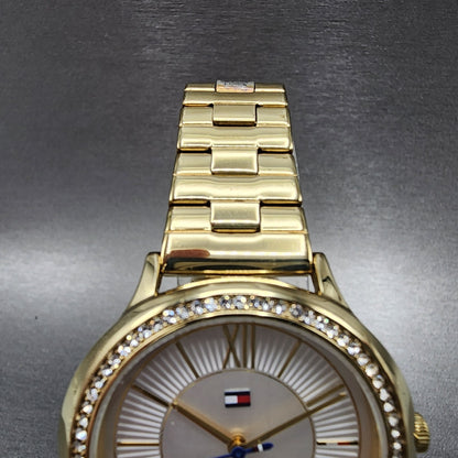 Tommy Hilfiger Watch Women 36mm White Dial Gold Tone Crystal Bezel Round Newbatt4