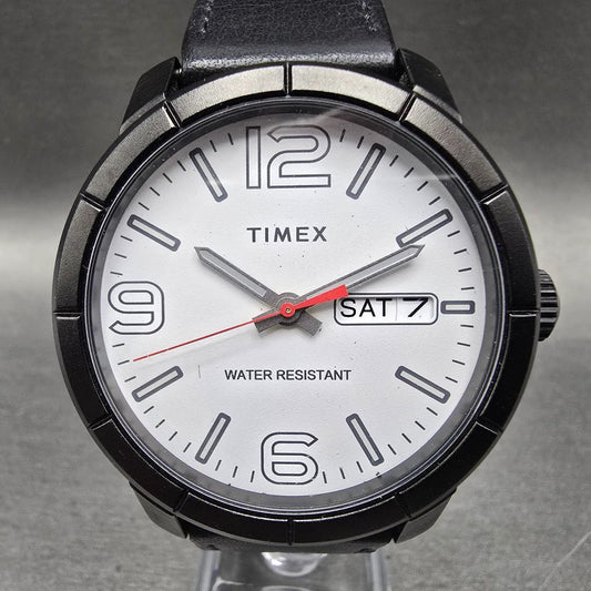 Timex Mod Quartz Watch Men 44mm White Dial Black Daydate Round New Battery0