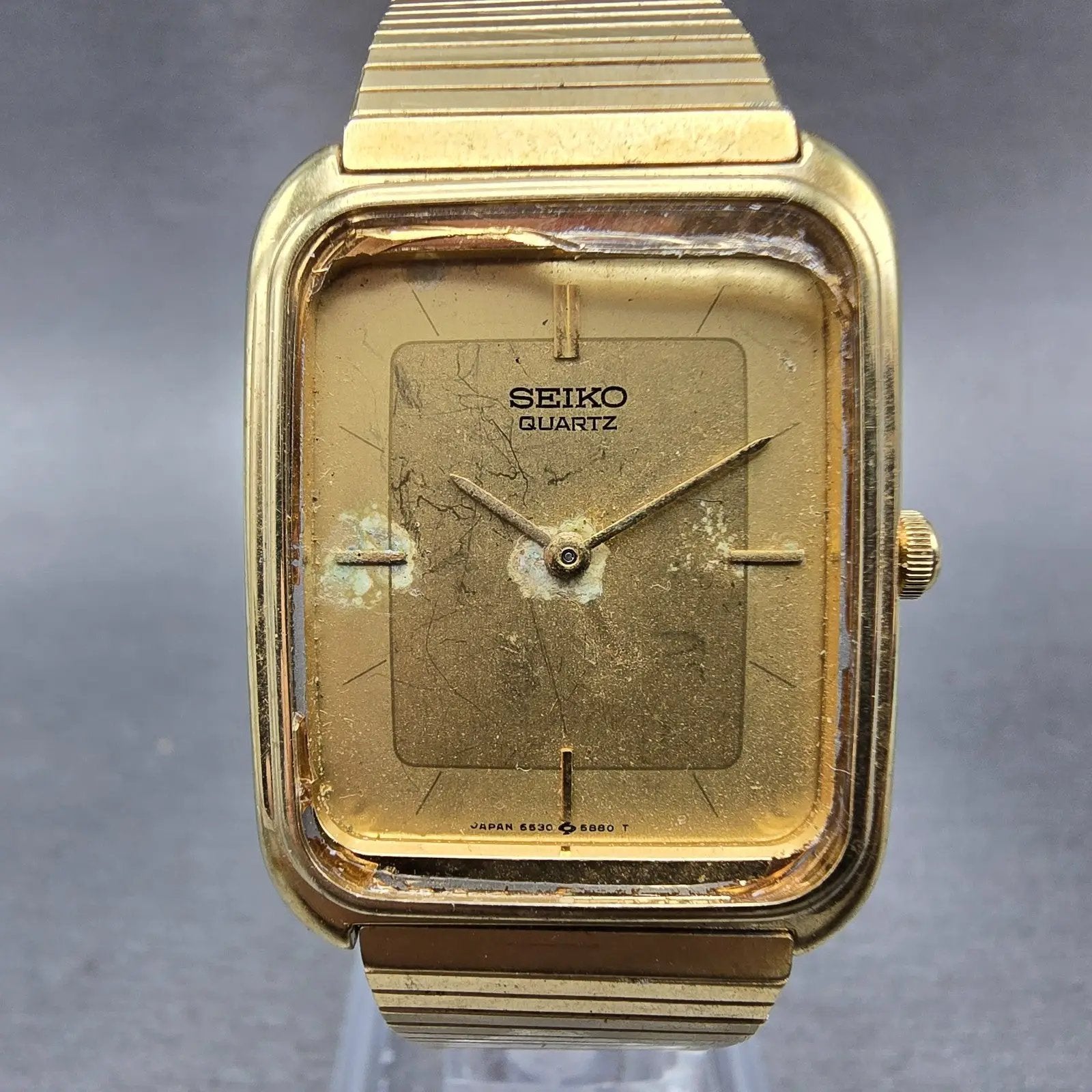 Seiko Tank Watch Men 25mm Champagne Dial Gold Tone Rectangle 6530-5479 PARTS VTG0