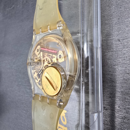 Swatch Golden Jelly Watch Men 34mm Skeleton Dial Clear Case GZ115 New Batt NOS11