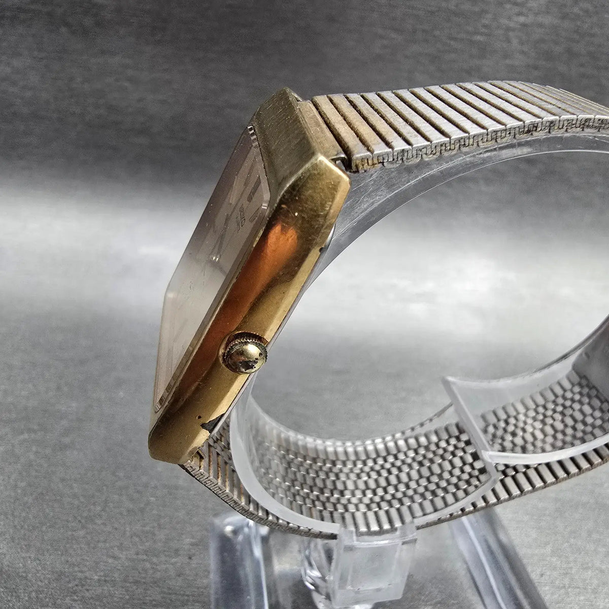 Seiko Watch Men 28mm Gold Dial Gold Tone Rectangle 7810-5059 New Battery VTG2
