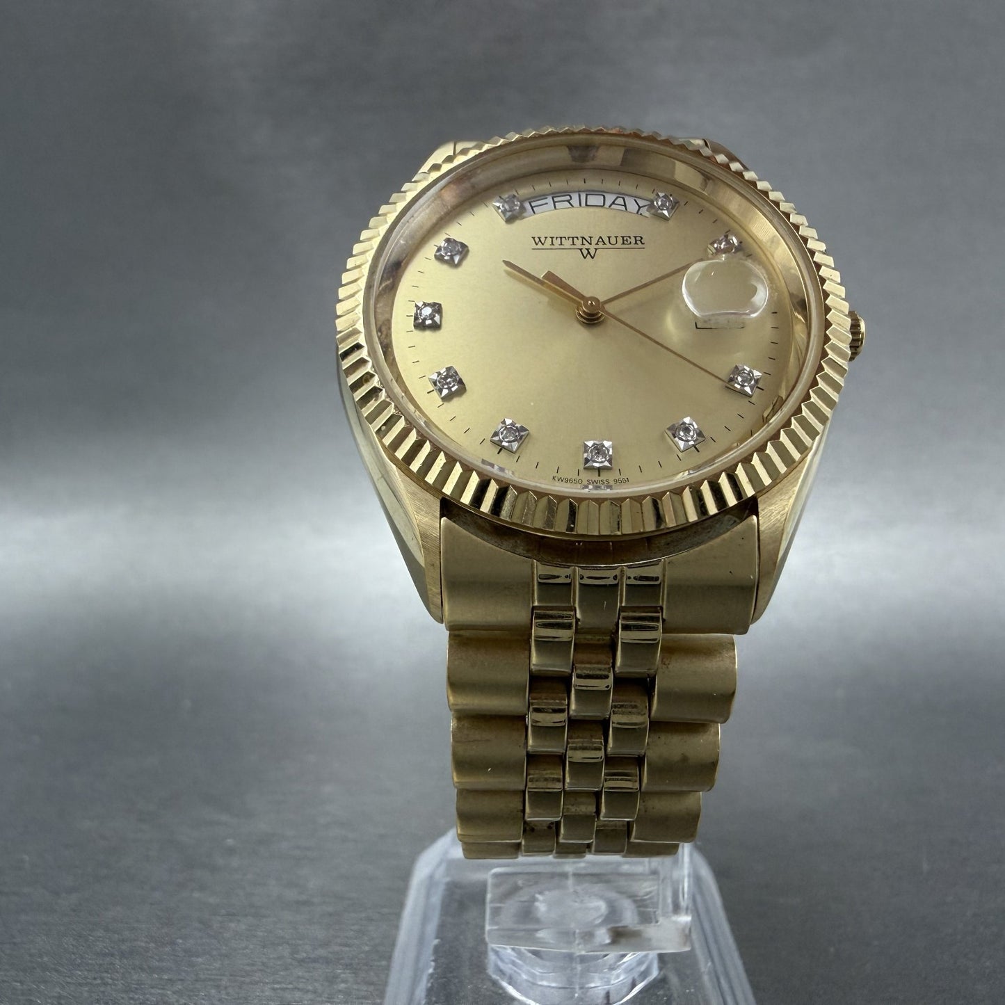 Wittnauer President Watch Men 35mm Gold Dial Gold Tone Daydate KW9650 New Batt5