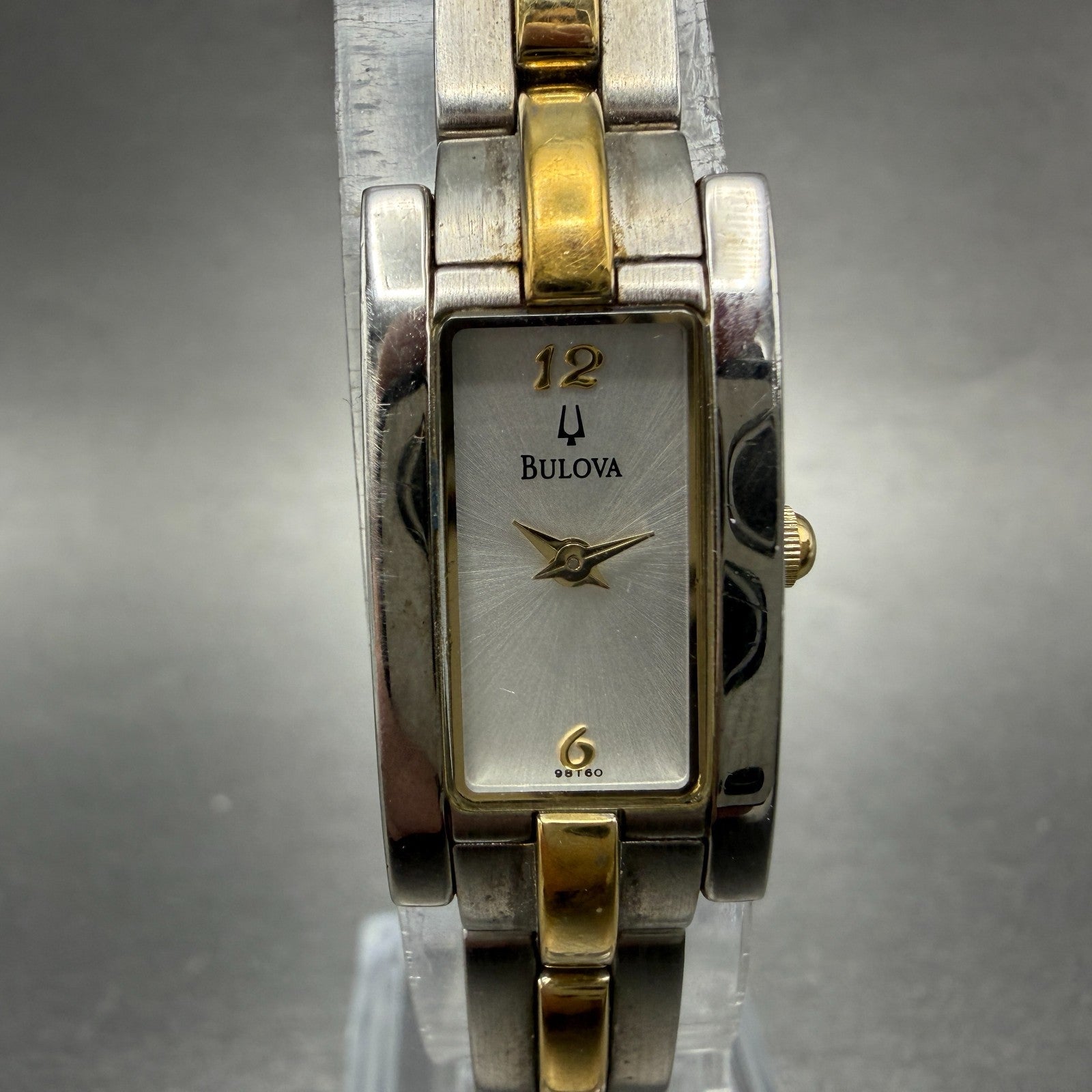 Bulova Tank Watch Women 14mm Silver Dial Two Tone Rectangle 98T60 New Battery0