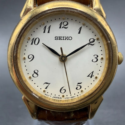 Seiko Watch Women 25mm Cream Dial Gold Tone Round V701-1930 New Battery1