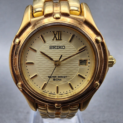 Seiko Watch Women 26mm Champagne Dial Gold Tone Date Round 7n820599 New Battery1