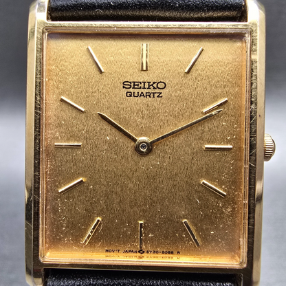 Seiko Tank Watch Men 25mm Gold Dial Gold Rectangle 5Y30-5069 New Battery VTG JP1