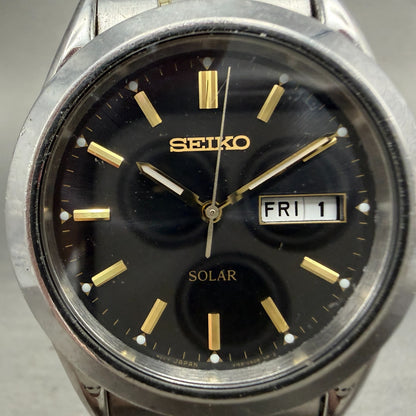 Seiko Solar Watch Men 37mm Black Dial Two Tone Daydate Round V158-0AB0 Runs1