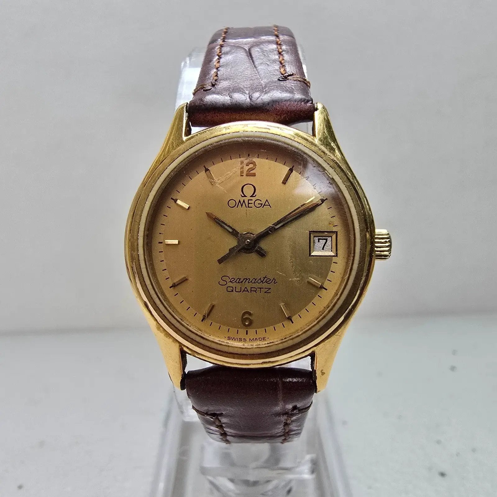 Omega Seamaster Watch Women 23mm Gold Dial Gold Tone Date Round 1380 New Battery0