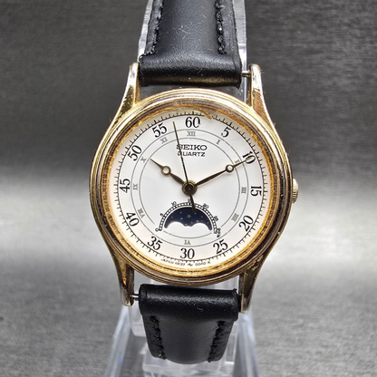 Seiko Moon Phase Watch Women 24mm White Dial Gold Round 4K22-0049 New Battery JP0