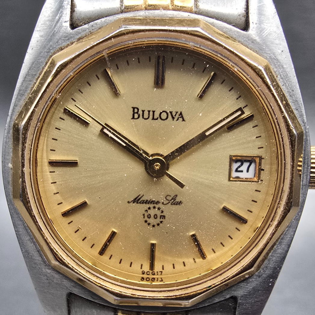 Bulova Marine Star Watch Women 24mm Gold Dial Two Tone Date Round 90G17 New Batt1