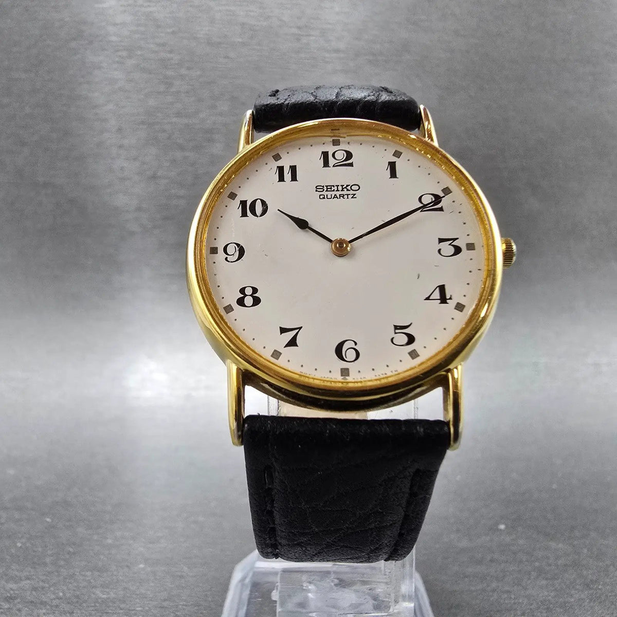 Seiko Watch Men 31mm White Dial Gold Round 5Y30-7000 New Battery VTG Leather5