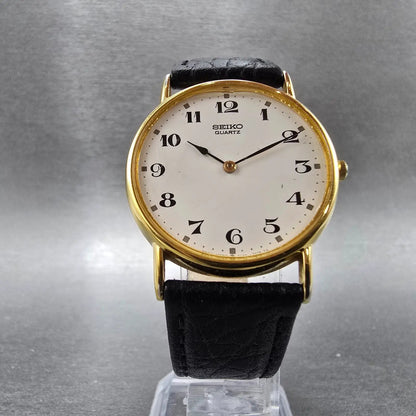 Seiko Watch Men 31mm White Dial Gold Round 5Y30-7000 New Battery VTG Leather5