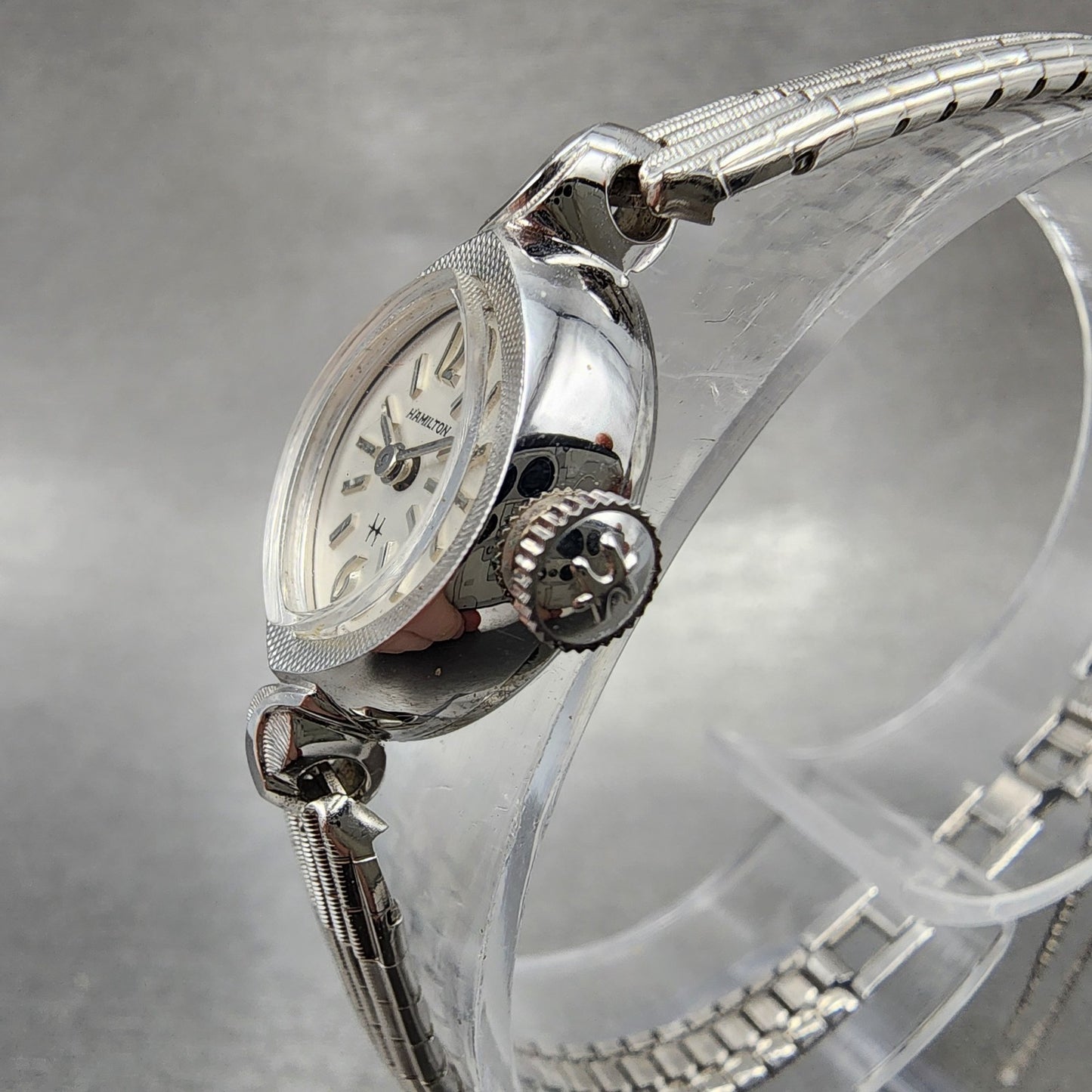 Hamilton Watch Women 14mm White Dial 10K White Gold Plated Manual Wind Runs ABC12