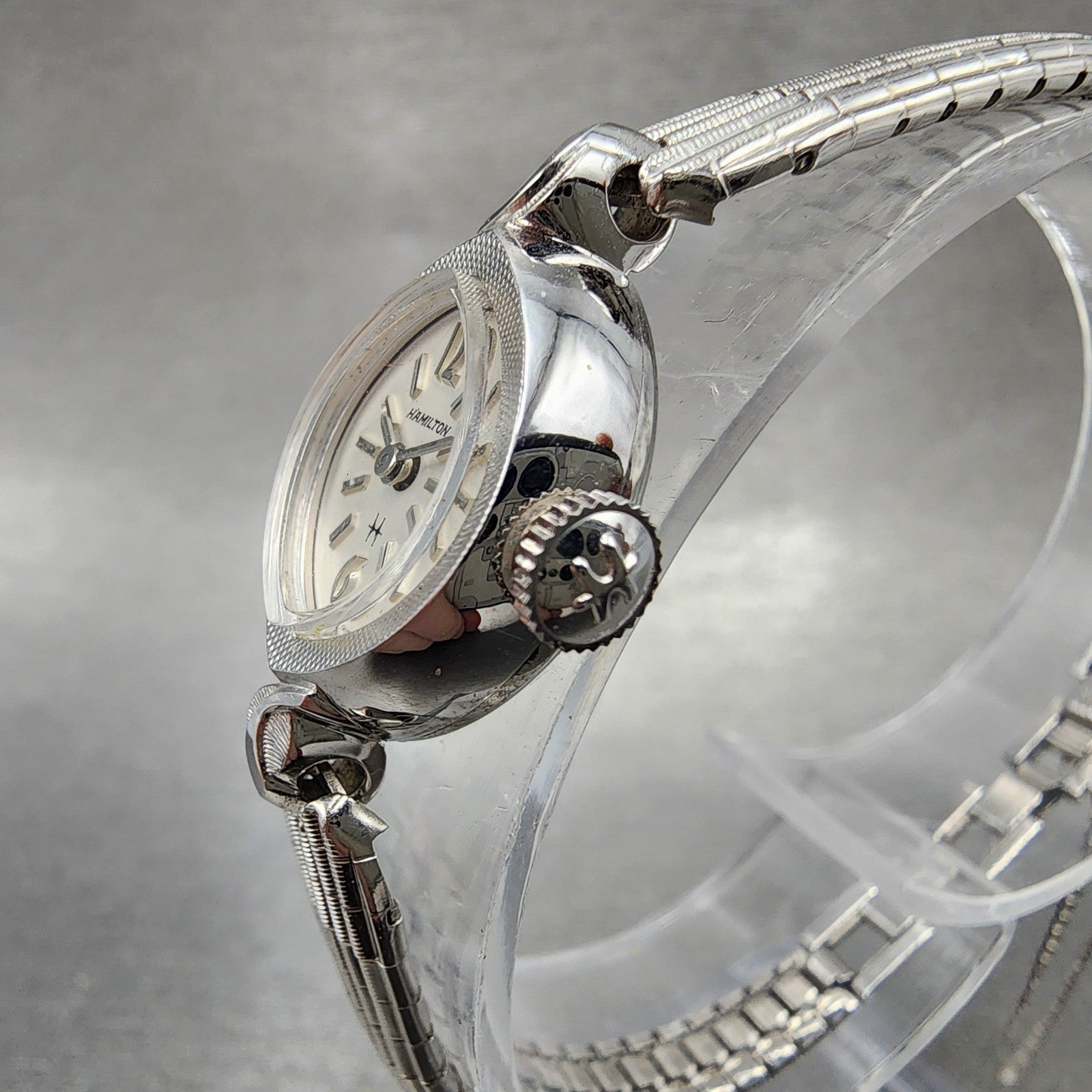 Hamilton Watch Women 14mm White Dial 10K White Gold Plated Manual Wind Runs ABC12