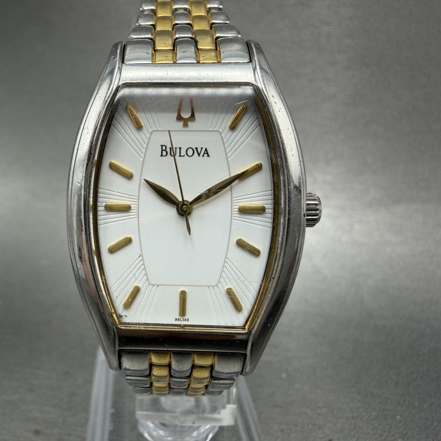 Bulova Watch Women 26mm White Dial Two Tone Tonneau 98L145 New Battery0