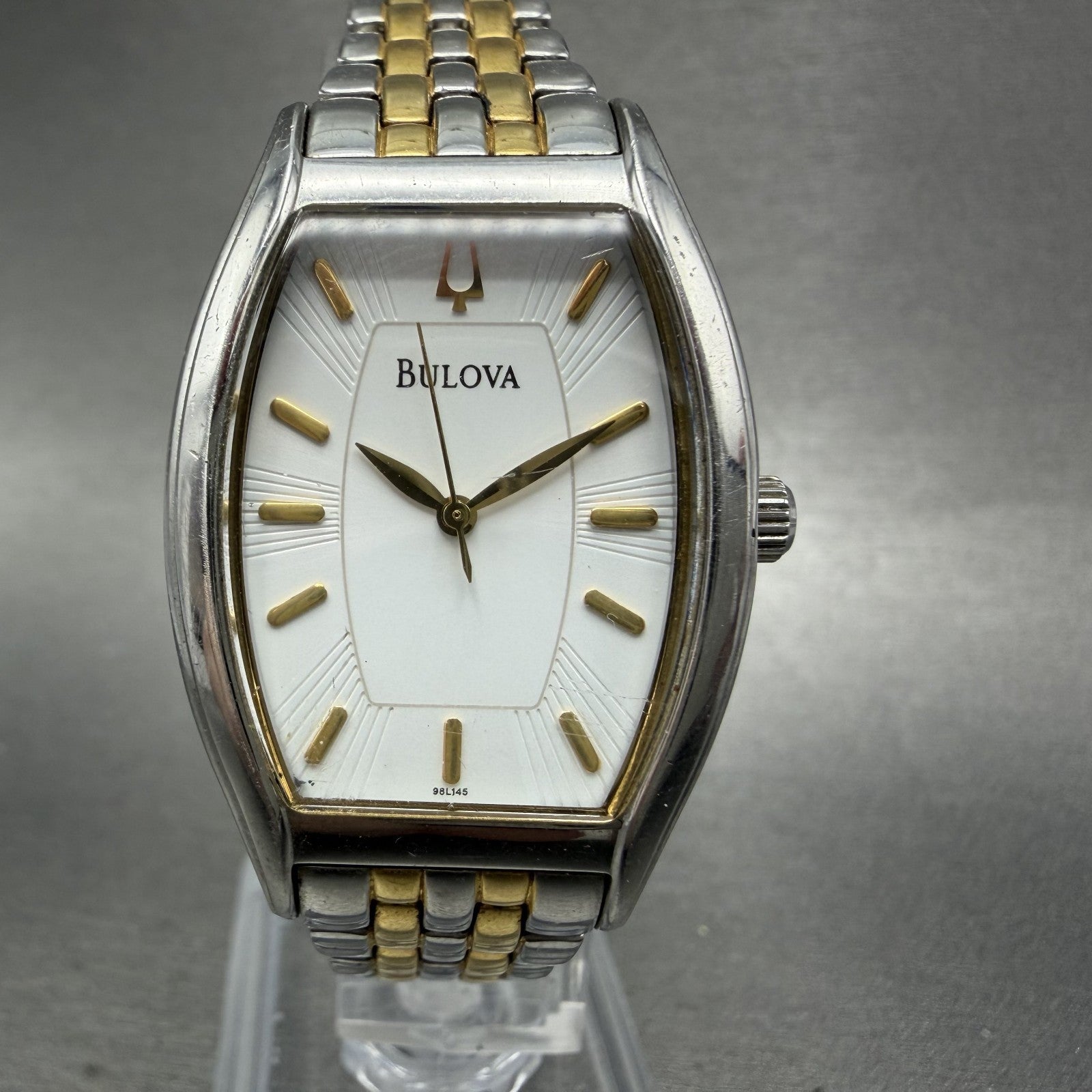 Bulova Watch Women 26mm White Dial Two Tone Tonneau 98L145 New Battery0