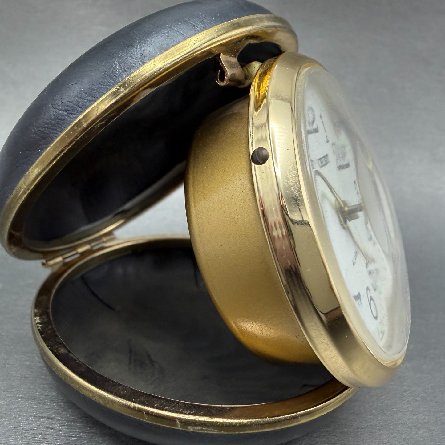 Orient Travel Alarm White Dial Gold Tone Brown Case Manual Wind Runs VTG3