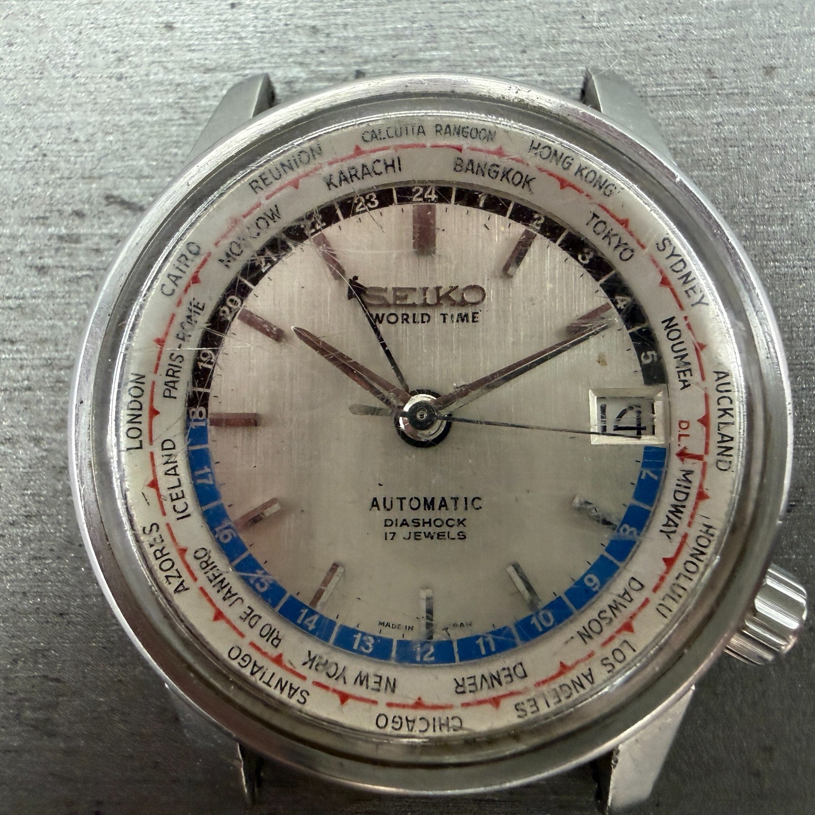 Seiko World Time Automatic Watch Men 38mm Silver Dial Steel 6217-7000 Date Runs1