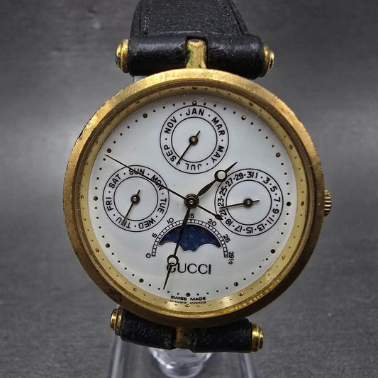 Gucci Triple Calendar Moon Phase Watch Men 30mm White Dial Gold Plated PARTS VTG0