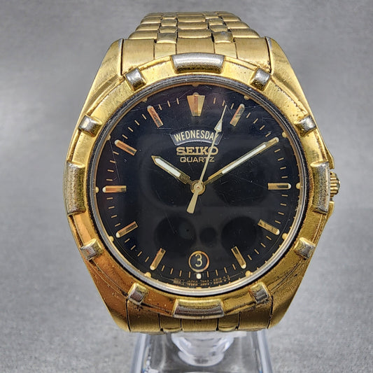 Seiko Watch Men 37mm Black Dial Gold Tone Daydate 7n43-6a79 New Battery