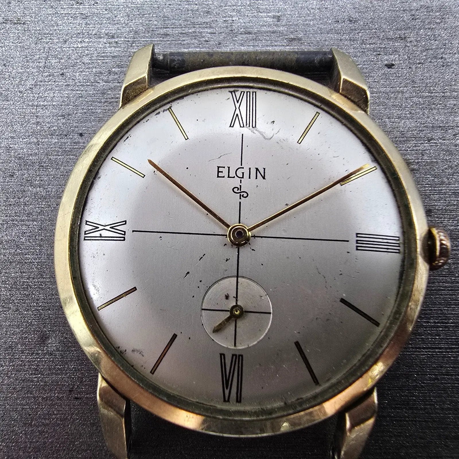 Elgin Watch Men 32mm Silver Dial 10K Gold Plated Manual Wind Cal 712 READ!! RUNS1