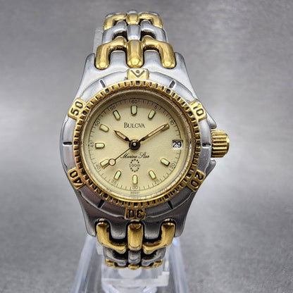 Bulova Marine Star Dive Watch Men 25mm Cream Dial Two Tone Date Round New batt