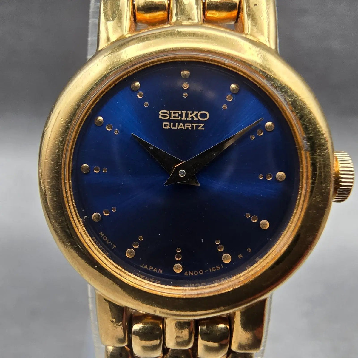 Seiko Watch Women 20mm Blue Dial Gold Tone Round 4N00-0408 New Battery Vintage1