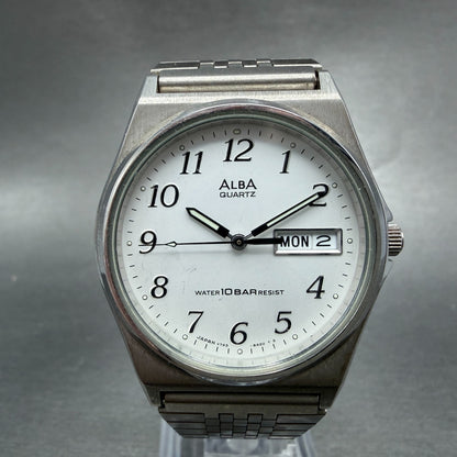 Seiko ALBA Watch Men 35mm Silver Dial Silver Tone Daydate V743-8A10 New Batt M400