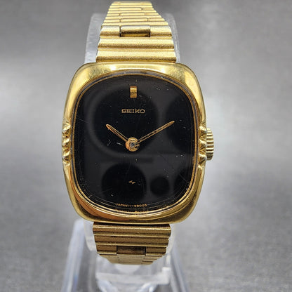 Seiko Tank Watch Women 18mm Black Dial Gold Tone Manual 114750 Runs0