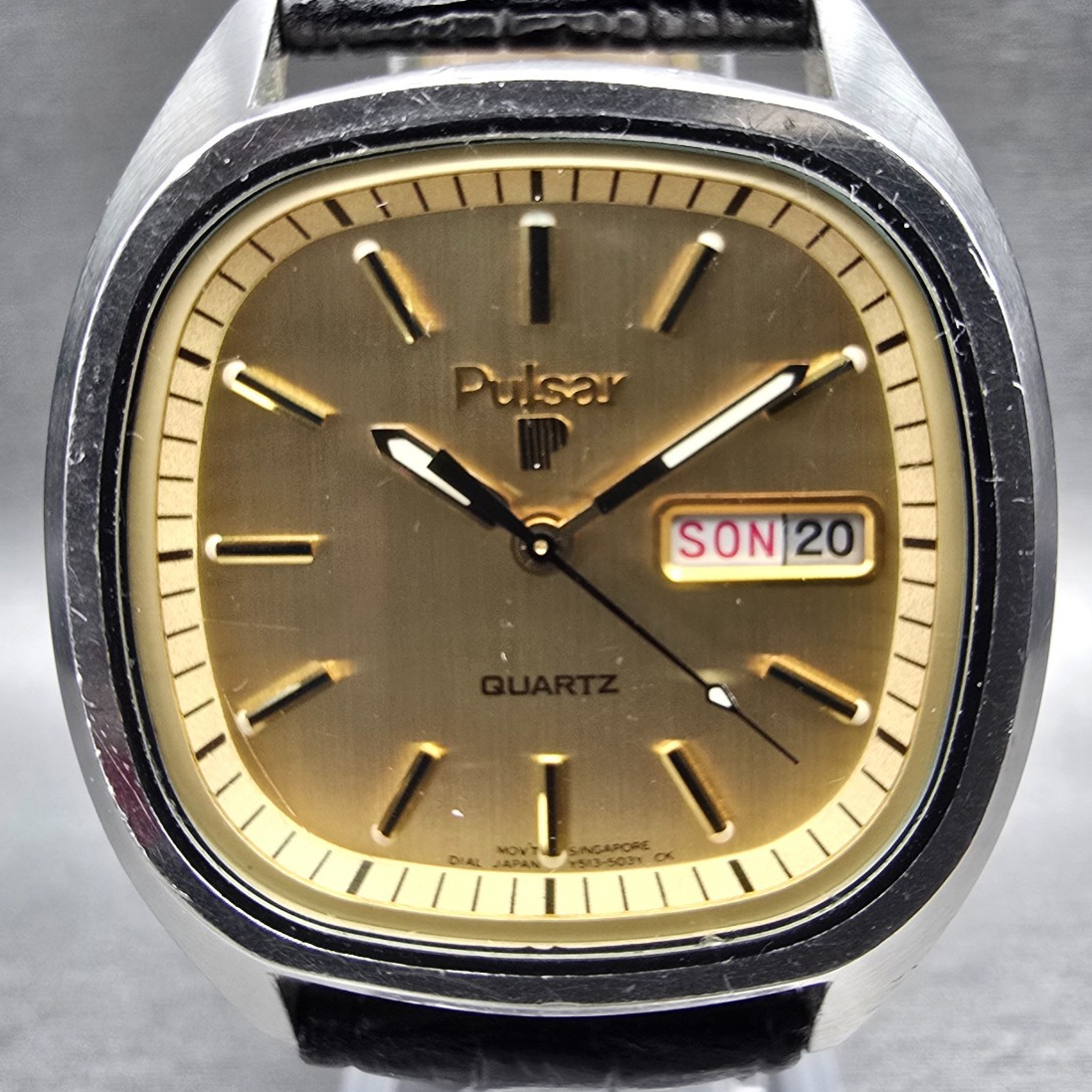 Seiko Pulsar Watch Men 36mm Gold Dial Silver Daydate Y513-503H New Battery1