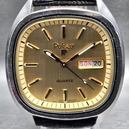 Seiko Pulsar Watch Men 36mm Gold Dial Silver Daydate Y513-503H New Battery1