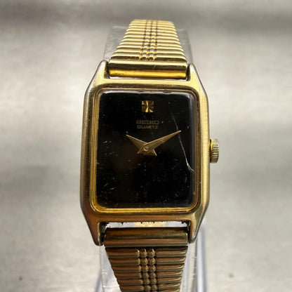 Seiko Watch Women 17mm Black Dial Gold Tone Rectangle 2B20-5000 New Battery VTG0