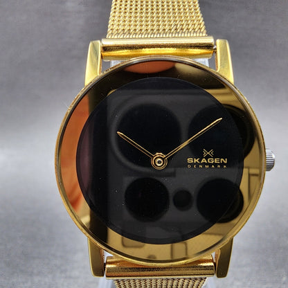 Skagen Watch Women 26mm Black Dial Gold Tone Round Mesh Band 39SGGB New Battery1