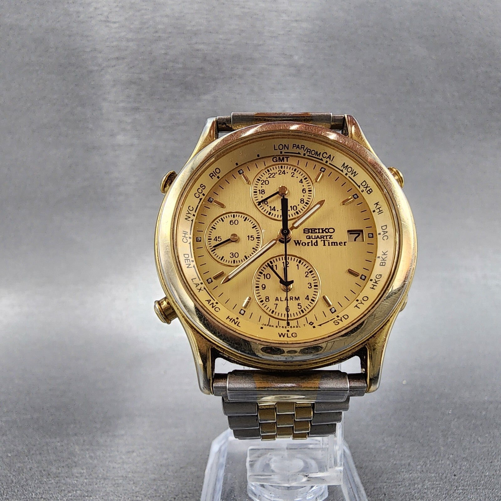 Seiko World Time Watch Men 37mm Gold Dial Gold Tone Date Alarm 5T526A29 PARTS6