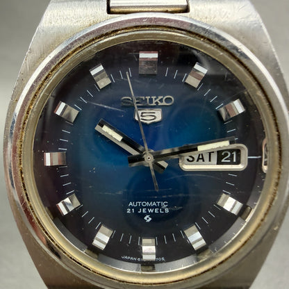 Seiko 5 Automatic Watch Men 37mm Blue Dial Silver Tone Daydate 6119-7460 Runs1