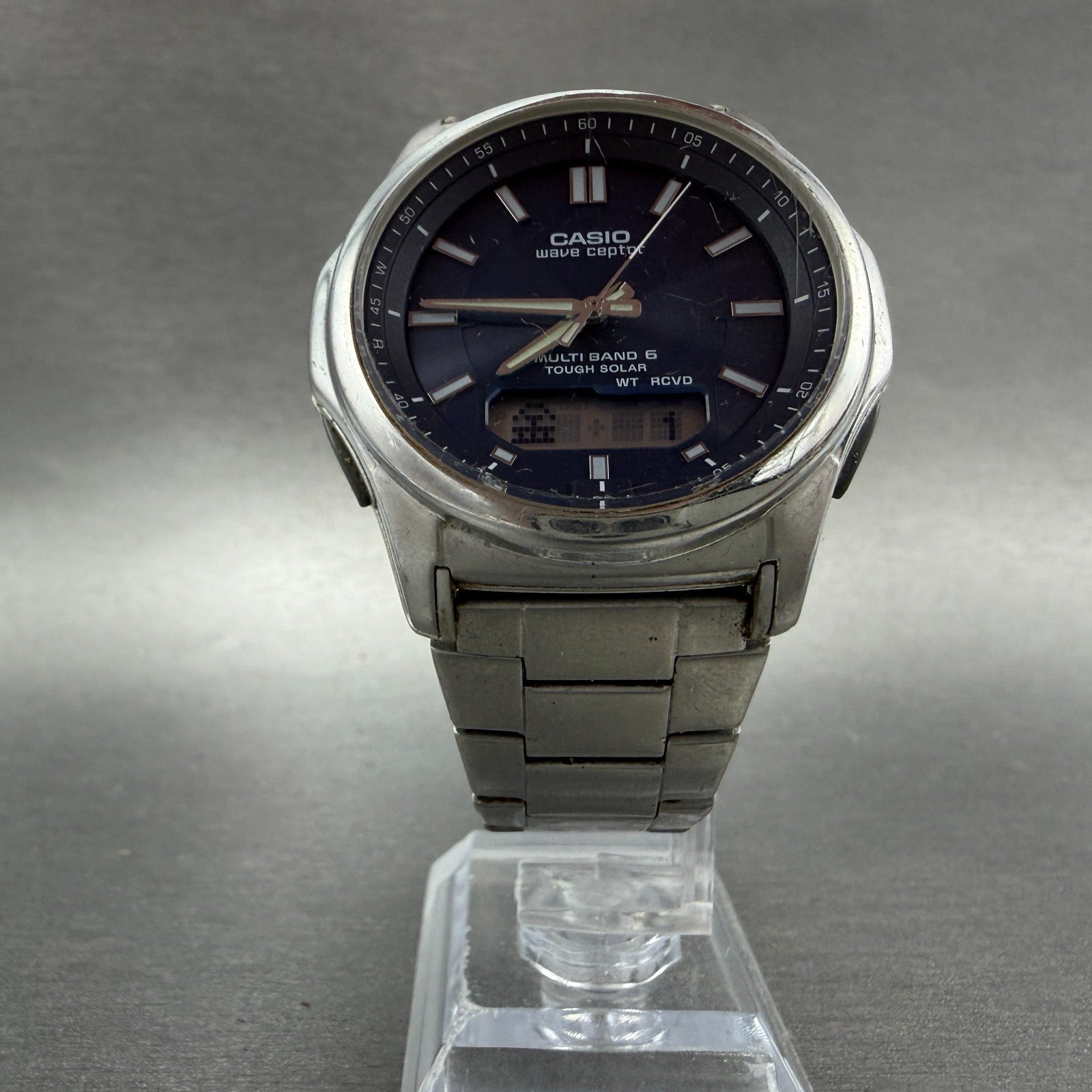 Casio Wave Ceptor Watch Men 42mm Blue Dial Steel Solar Analog Digital Works KLPT5