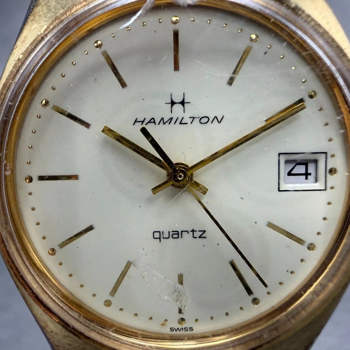 Hamilton Watch Men 34mm Cream Dial Gold Tone Date Round NO CASEBACK New Battery1