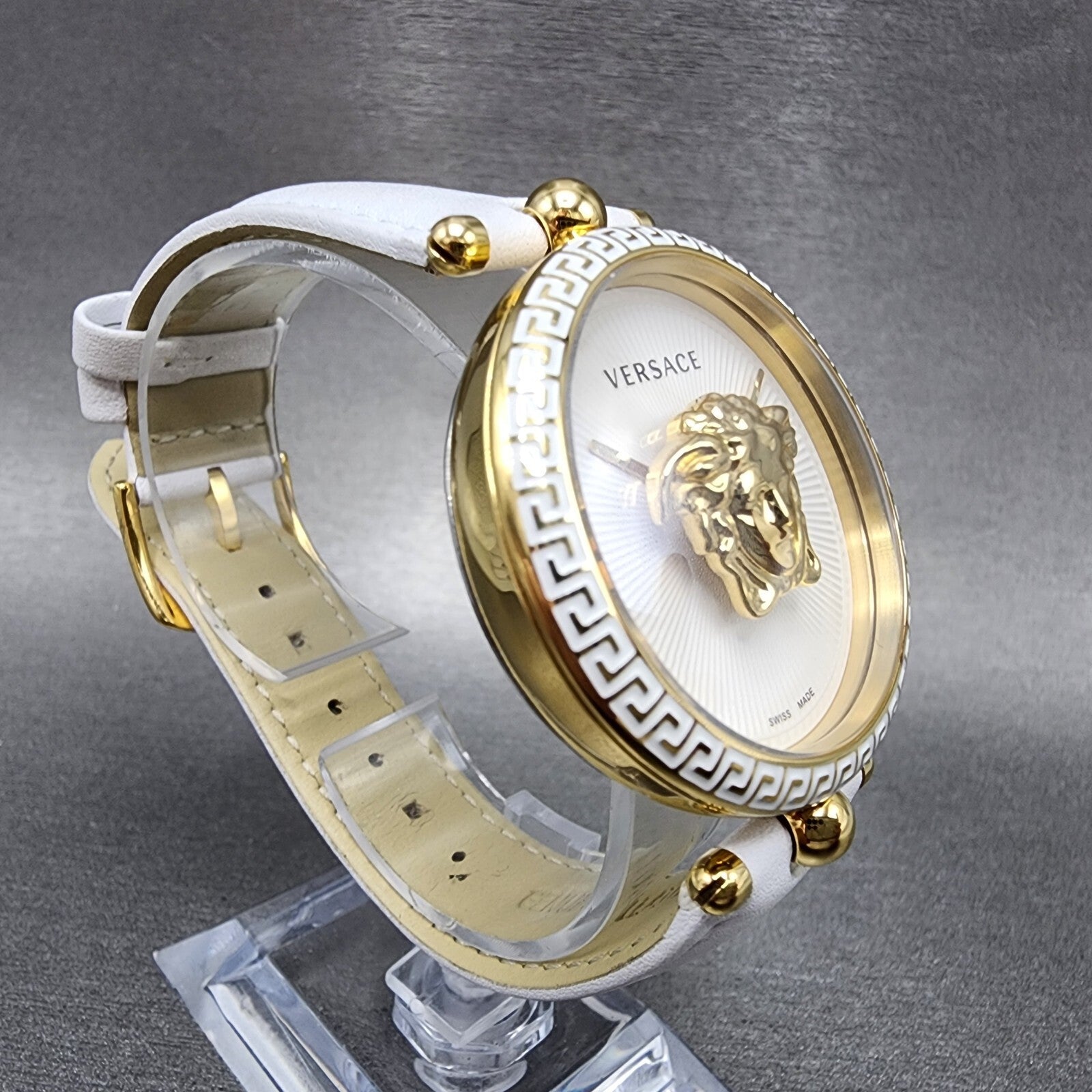Versace Palazzo Watch Women 39mm White Dial Gold Tone Round Leather Band New Bat3