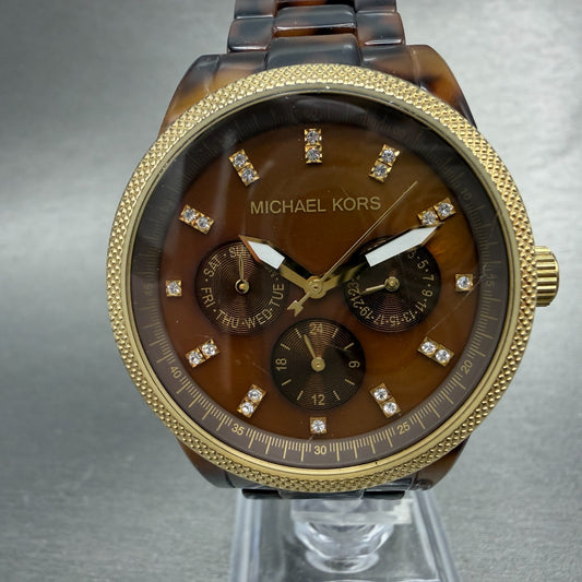 Michael Kors Watch Women 37mm Brown Dial Gold Tone Tortas Daydate New Battery KI0