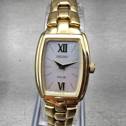 Seiko Solar Watch Women 18mm MOP Dial Gold Tone Rectangle V115-0AA0 Works0