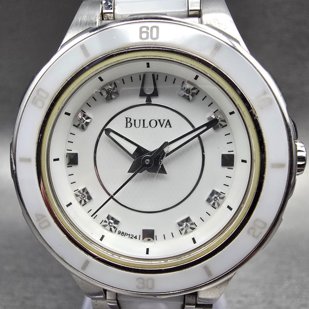 Bulova Diamond Watch Women 30mm White Dial Steel Ceramic Round 98P124 New Batt1