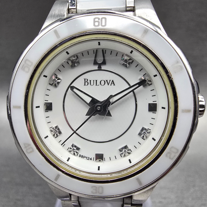 Bulova Diamond Watch Women 30mm White Dial Steel Ceramic Round 98P124 New Batt1