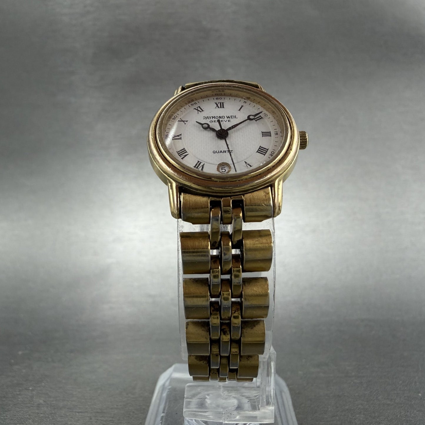 Raymond Weil Watch Women 24mm White Dial Gold Tone Date Round 5322 New Battery5