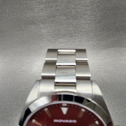 Movado Datron Watch Men 40mm Red Dial Silver Tone Date Automatic Round 36501945
