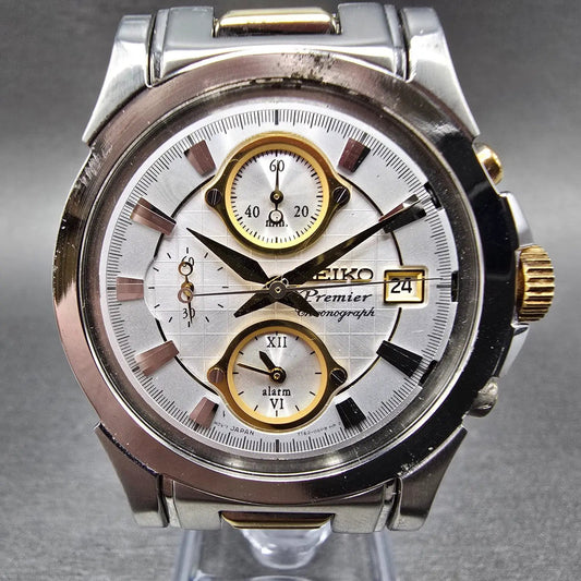 Seiko Premier Chronograph Watch Men 38mm White Dial Two Tone Date 7T62-0FF0 PART0