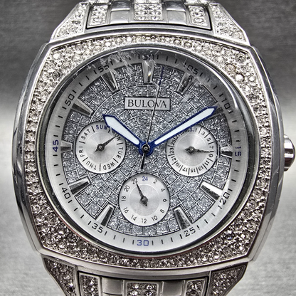 Bulova Watch Men 40mm Silver Dial Silver Tone Daydate Crystal 96C002 New Battery1